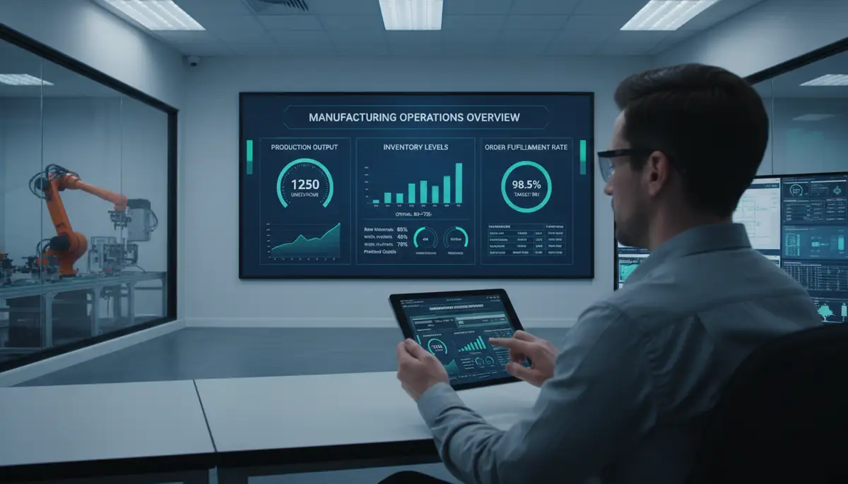 A dashboard displaying key manufacturing KPIs (Key Performance Indicators) like production output, inventory levels, and order fulfillment rates, with a user interacting with a tablet.