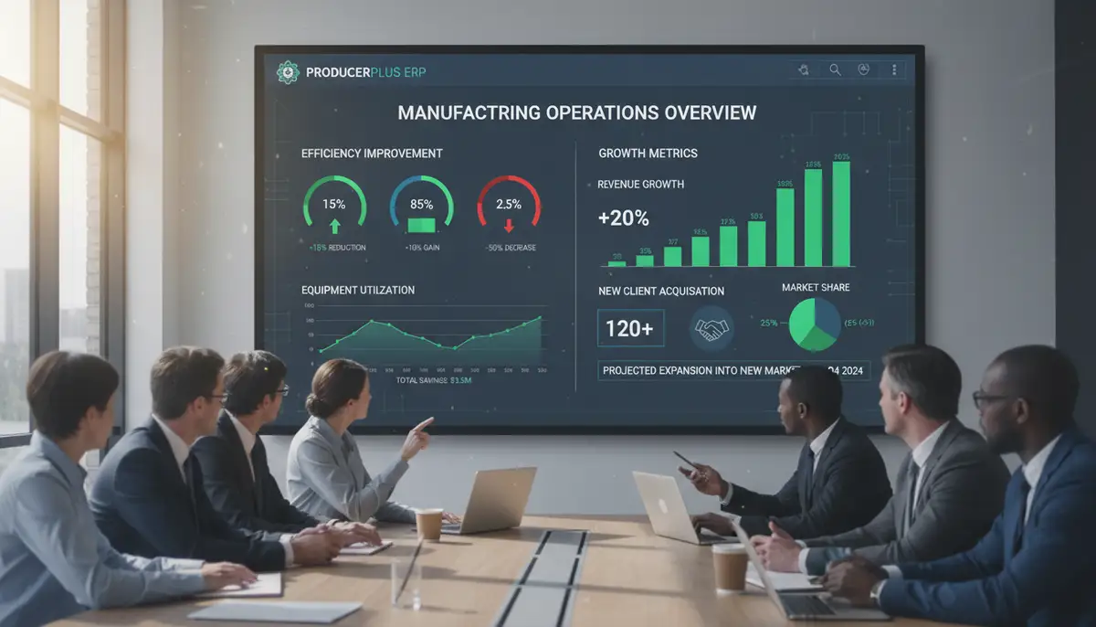 A dashboard displaying key performance indicators (KPIs) from an ERP system, showing improved efficiency and growth metrics for a manufacturing company.