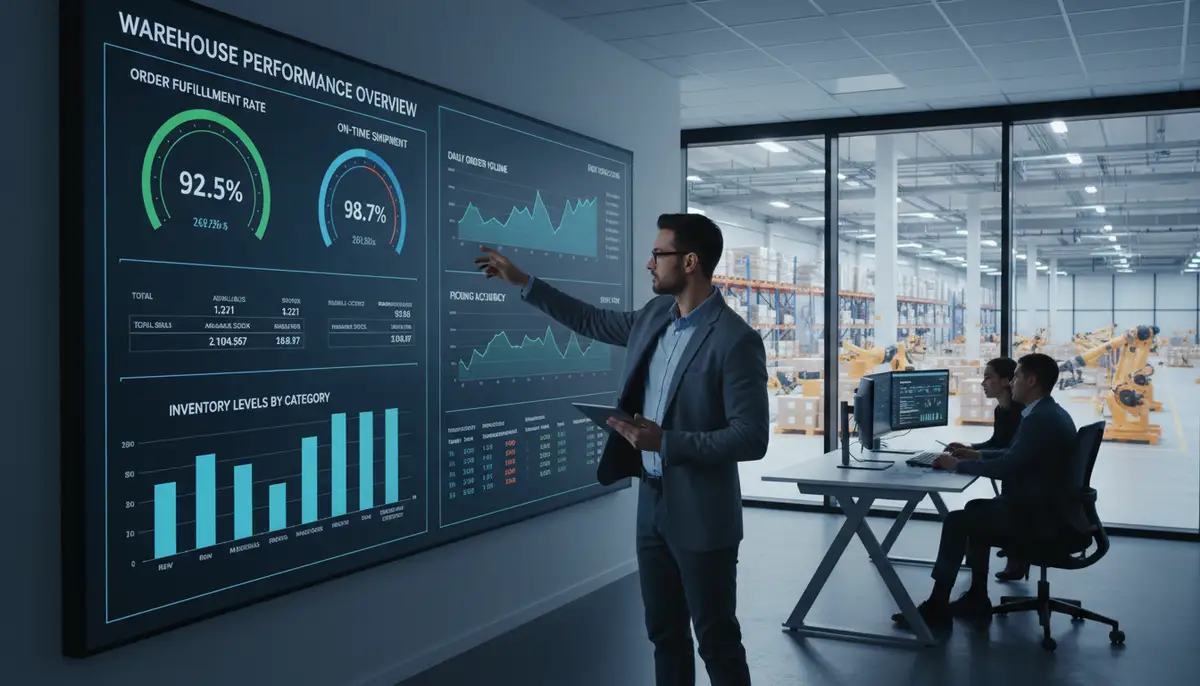 A dashboard displaying key warehouse performance indicators, such as order fulfillment rates and inventory levels, with a person analyzing data.