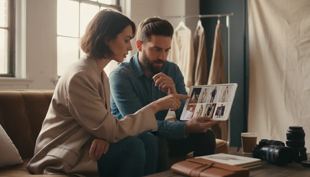 A designer and a photographer reviewing images on a tablet, discussing composition and lighting in a collaborative setting., high-quality photography, professional lighting, sharp focus, realistic, detailed