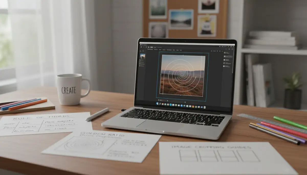 A designer's desk with a laptop open to Pixlr, surrounded by notes on the rule of thirds and golden ratio for image cropping., high-quality photography, professional lighting, sharp focus, realistic, detailed