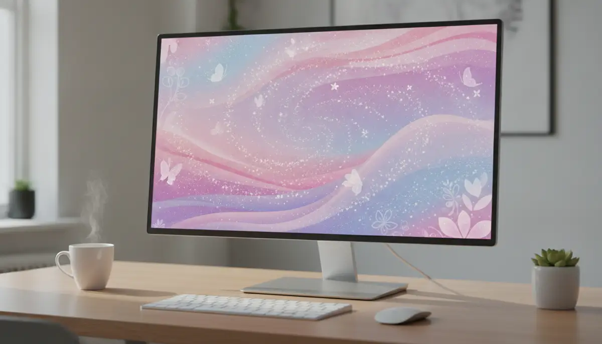 A desktop monitor showing a whimsical, glittery girly background with a subtle animation, in a modern, clean workspace., high-quality photography, professional lighting, sharp focus, realistic, detailed