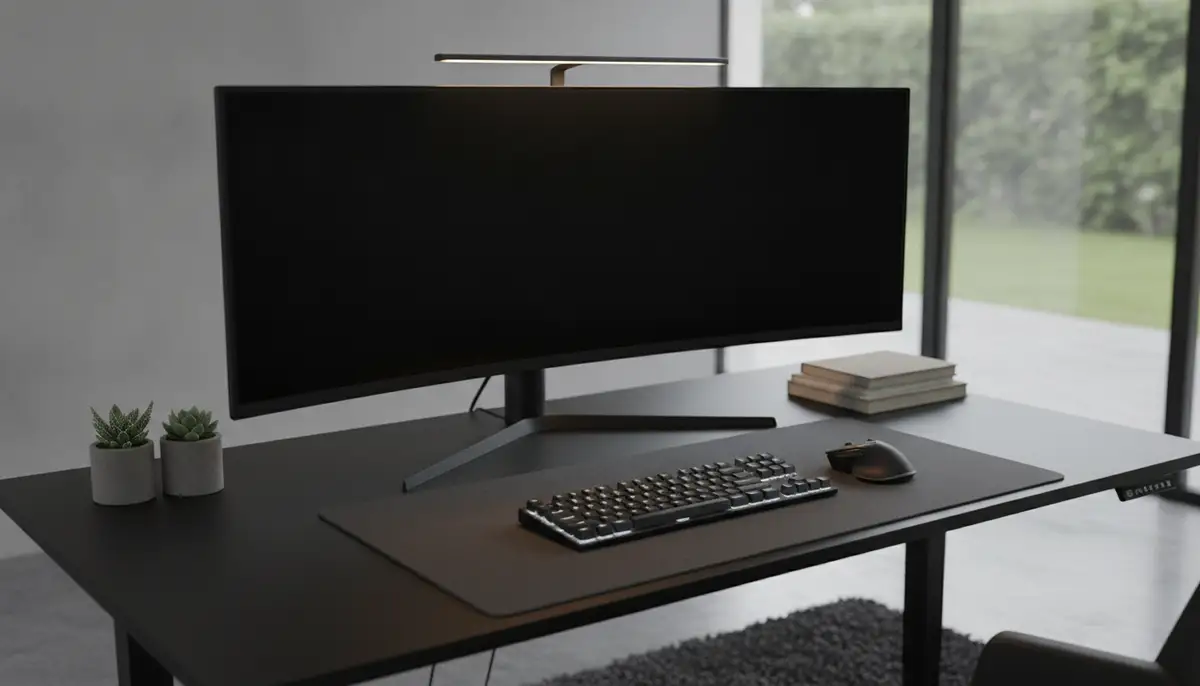 A desktop setup featuring a monitor with a deep pitch black wallpaper, showcasing improved focus and reduced eye strain in a modern home office., high-quality photography, professional lighting, sharp focus, realistic, detailed