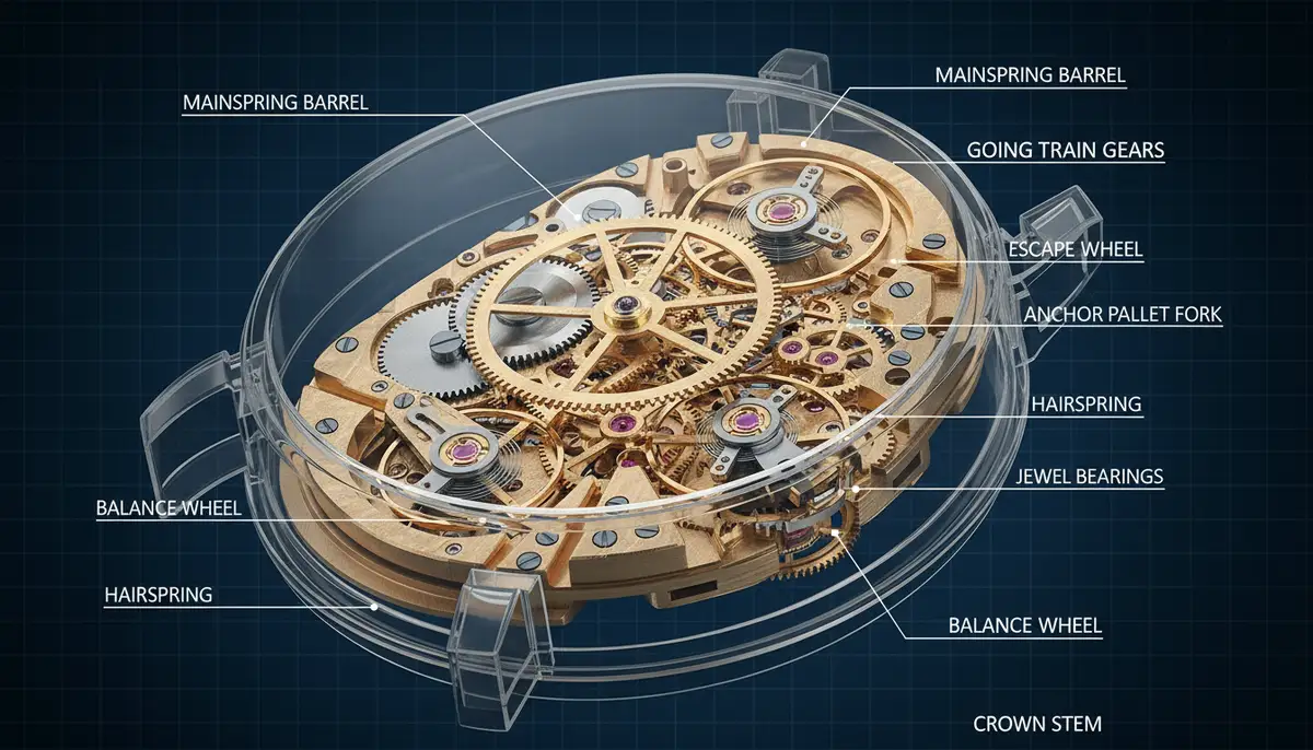 A detailed cutaway diagram showing the intricate gears, springs, and escapement of a mechanical watch movement, with labels for key components., high-quality photography, professional lighting, sharp focus, realistic, detailed