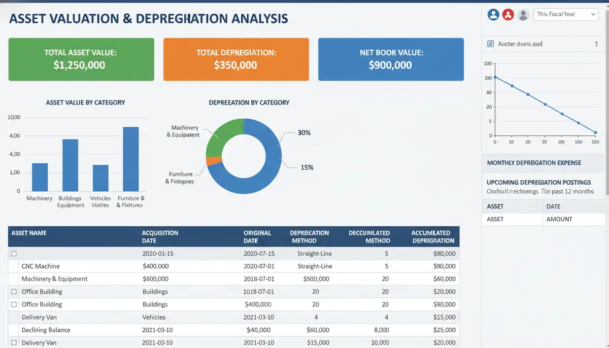 A detailed dashboard in Odoo showing various asset categories, their values, and depreciation schedules, with analytical charts and graphs.