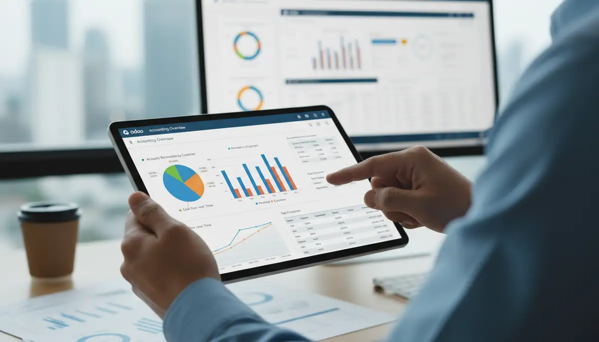 A detailed dashboard showing various financial reports and charts within Odoo's accounting module, with a business professional analyzing data on a tablet.