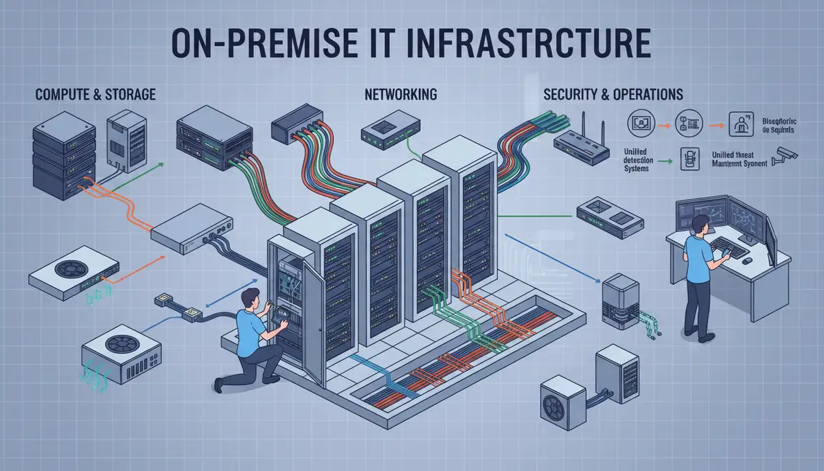 A detailed diagram illustrating the various components of an on-premise IT infrastructure, including servers, networking, and security, with IT staff working.