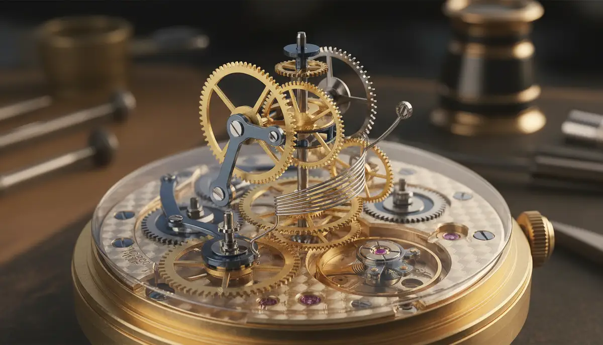 A detailed illustration of a GMT watch movement, highlighting the gears and components responsible for the independent 24-hour hand., high-quality photography, professional lighting, sharp focus, realistic, detailed