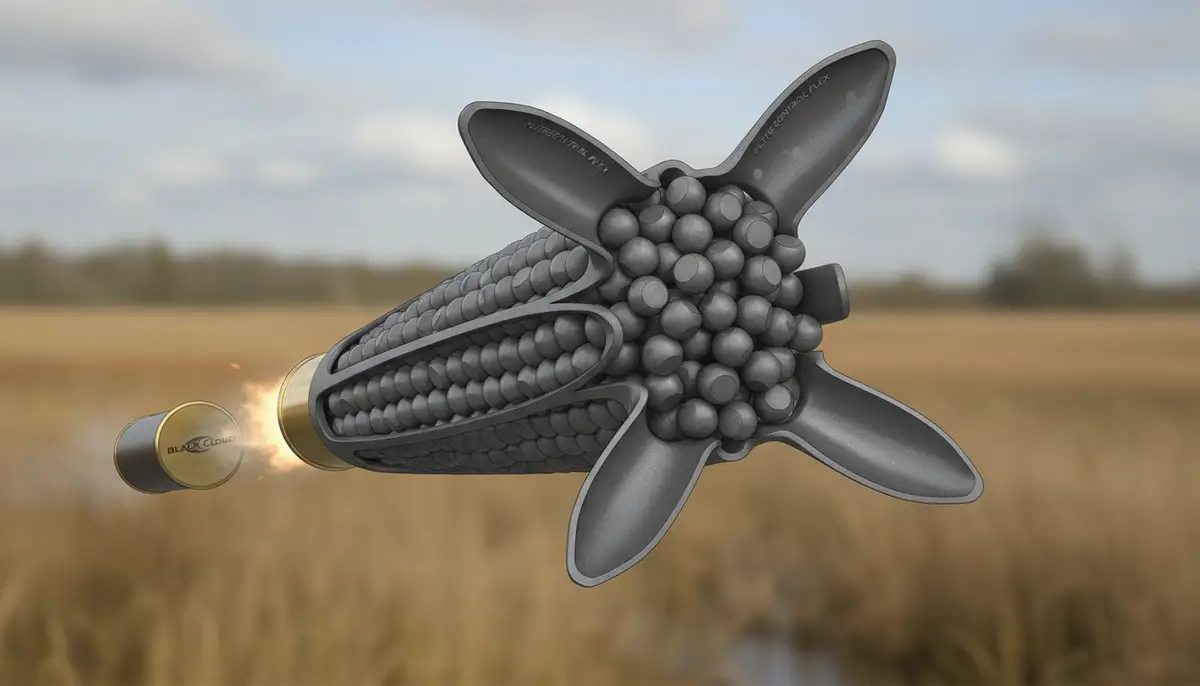A detailed illustration showing the FLITECONTROL FLEX wad deploying from a 10 gauge Black Cloud shell, with FLITESTOPPER steel pellets creating a dense, effective pattern in flight., high-quality photography, professional lighting, sharp focus, realistic, detailed