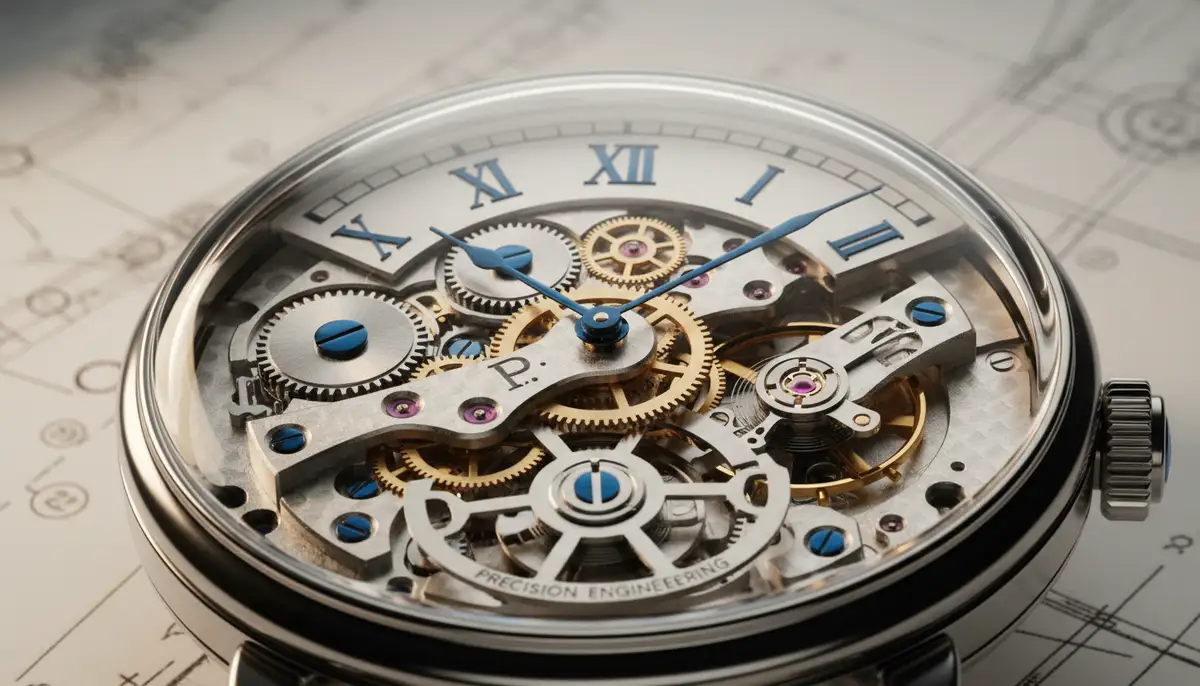 A detailed illustration showing the internal components of a mechanical analog watch, with hands pointing to the dial, highlighting the precision engineering., high-quality photography, professional lighting, sharp focus, realistic, detailed