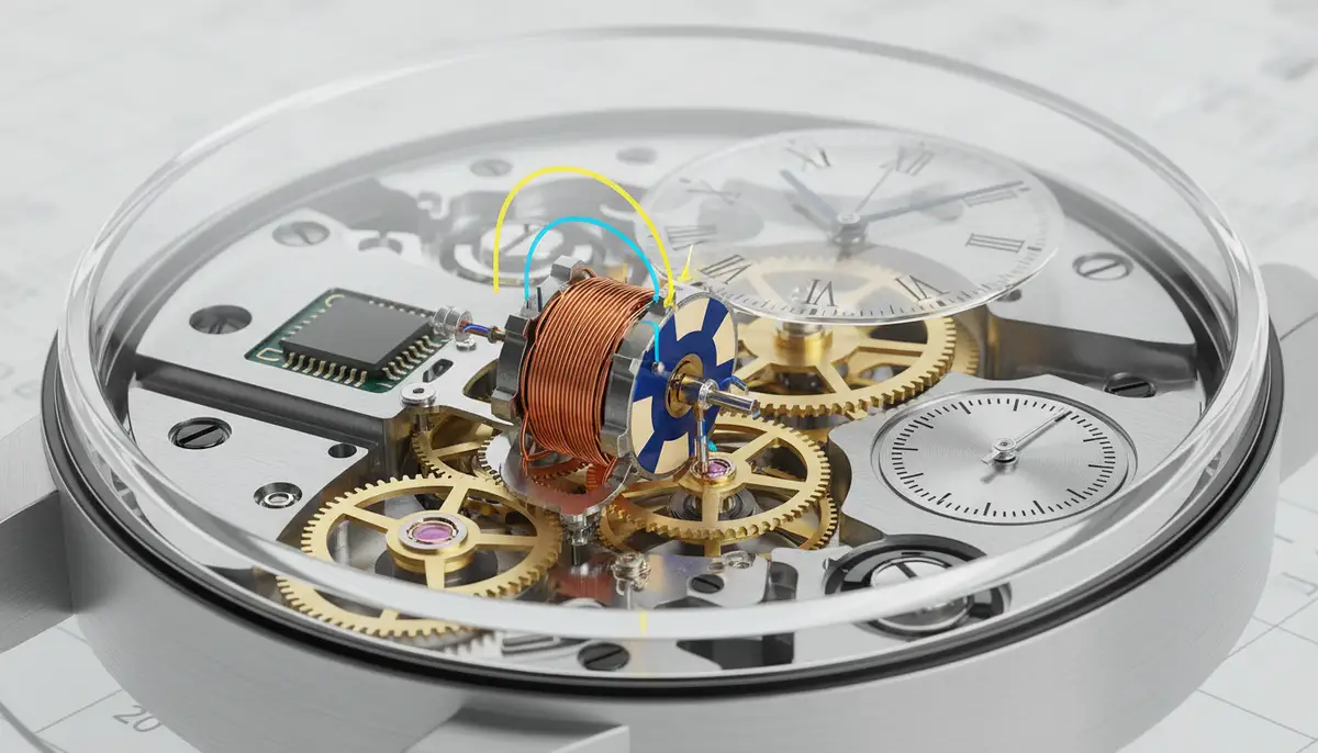 A detailed illustration showing the stepping motor in a quartz watch converting electrical pulses into mechanical movement, driving the gear train and watch hands, with a sense of intricate engineering., high-quality photography, professional lighting, sharp focus, realistic, detailed