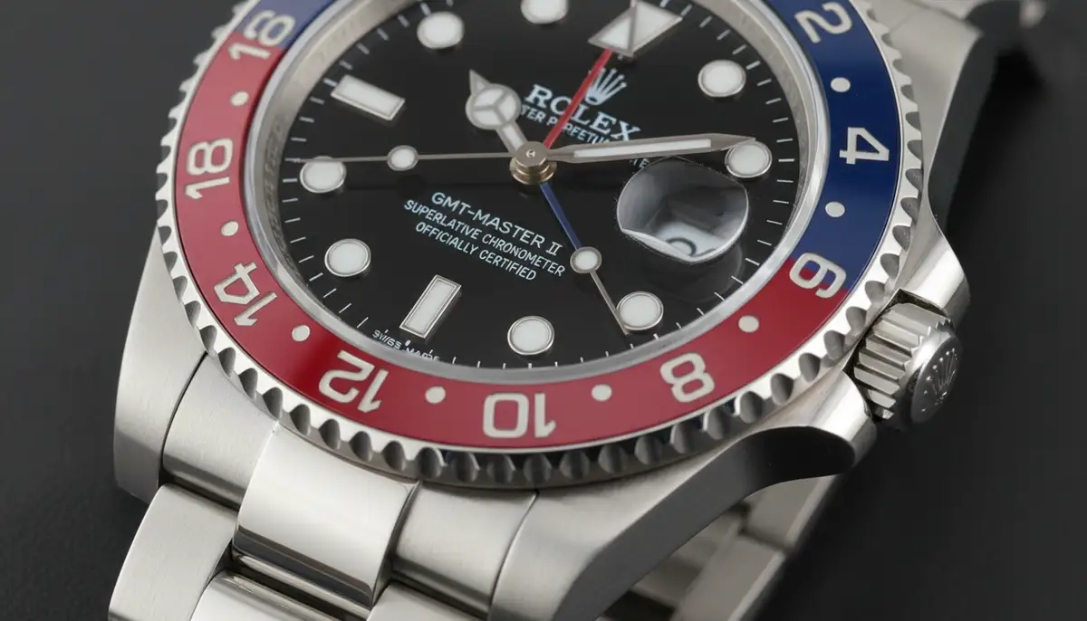 A detailed image of a Rolex GMT-Master II dial, showcasing the independent hour hand and the 24-hour GMT hand clearly pointing to different time zones, highlighting the red and blue bezel., high-quality photography, professional lighting, sharp focus, realistic, detailed