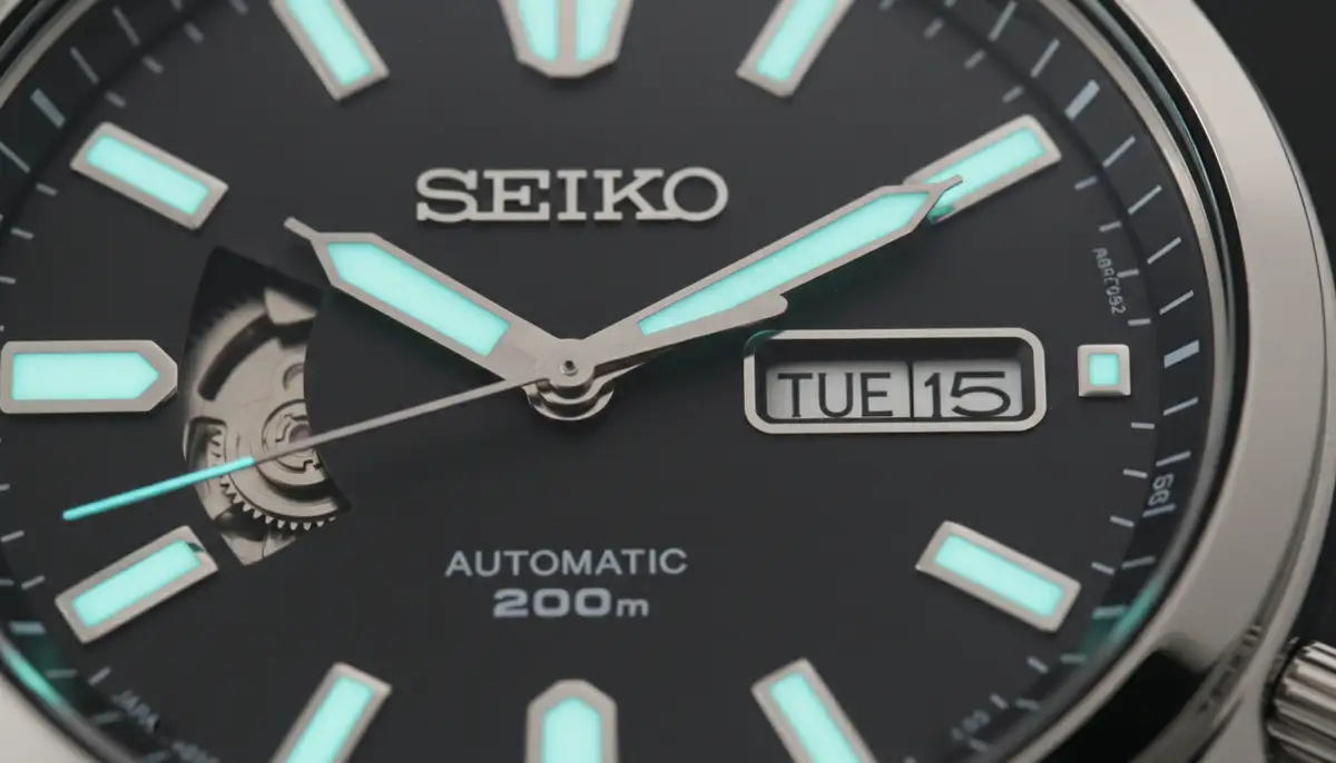 A detailed image of a Seiko watch dial, highlighting the precision of the logo, indices, and hands, with luminous glow visible., high-quality photography, professional lighting, sharp focus, realistic, detailed
