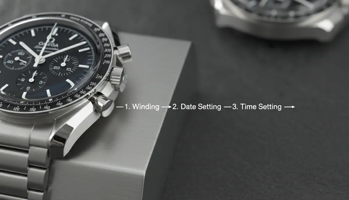 A detailed image showing the different crown positions on an OMEGA watch, with clear labels for each function (winding, date, time)., high-quality photography, professional lighting, sharp focus, realistic, detailed