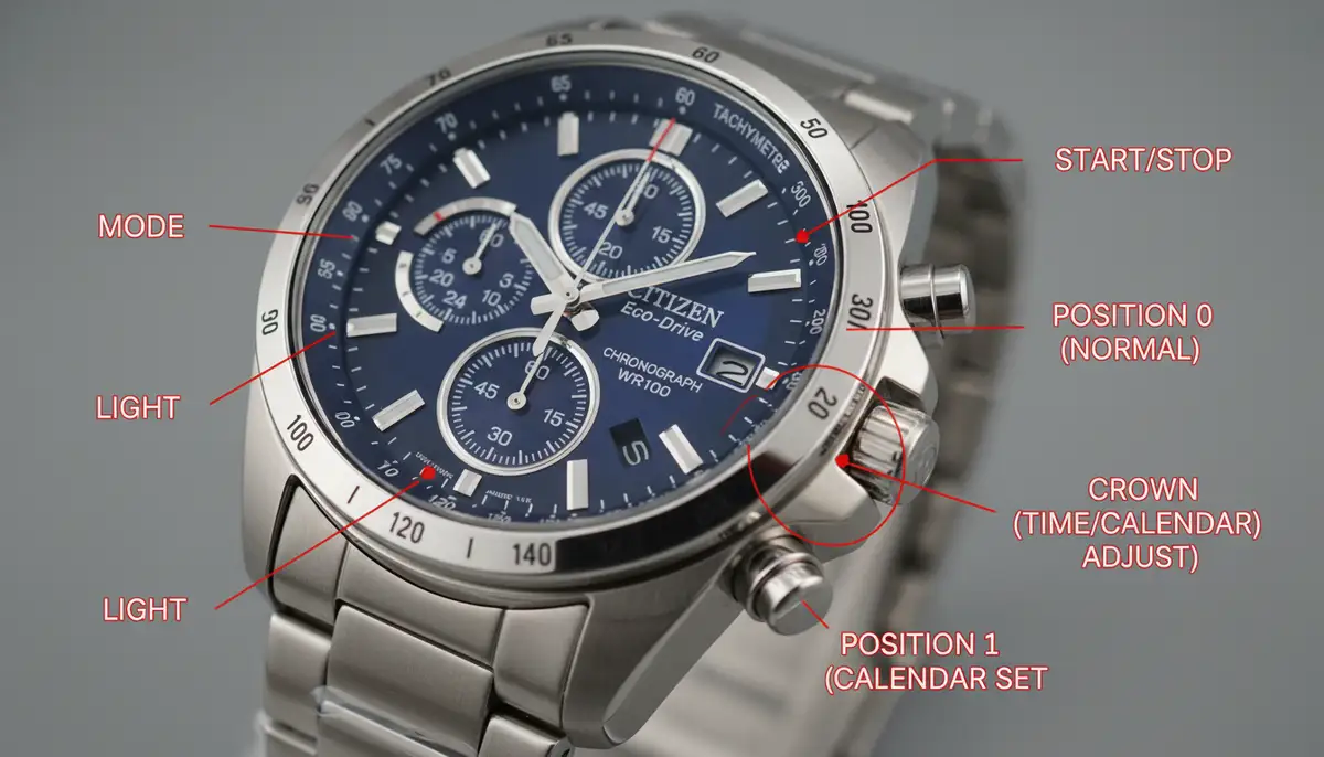 A detailed image showing the various pushers and crown positions on a complex Citizen Eco-Drive chronograph watch, with clear labels or highlights., high-quality photography, professional lighting, sharp focus, realistic, detailed