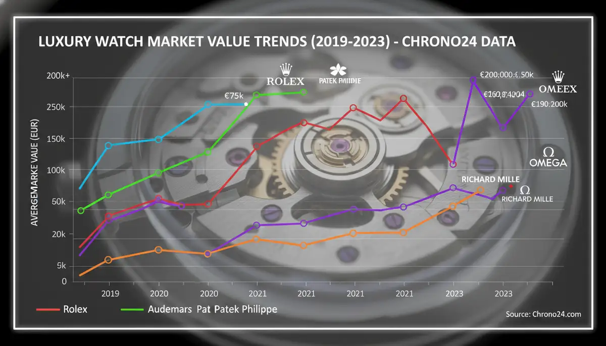 A detailed infographic illustrating market value trends of popular watch brands over the last five years, derived from Chrono24 data., high-quality photography, professional lighting, sharp focus, realistic, detailed