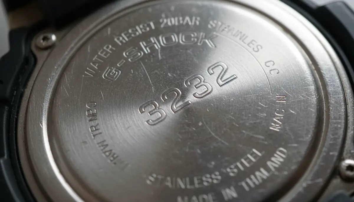 A detailed macro shot of the back of a G-Shock watch, clearly showing the module number engraved on the case back, with a subtle focus on the text., high-quality photography, professional lighting, sharp focus, realistic, detailed