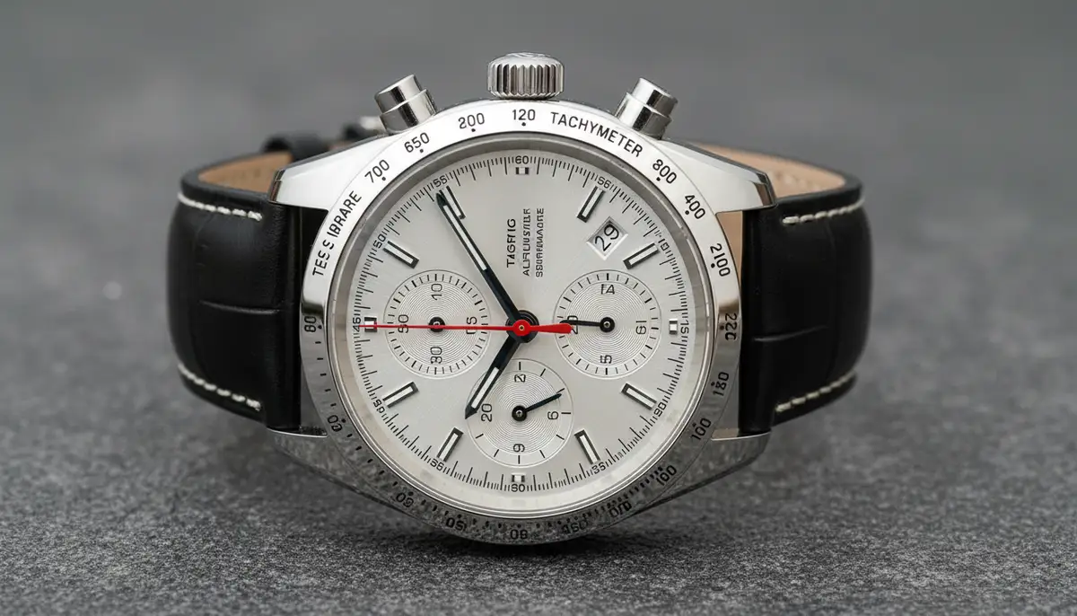 A detailed view of a chronograph watch, highlighting its multiple sub-dials, pushers, and tachymeter scale, emphasizing its complex functionality., high-quality photography, professional lighting, sharp focus, realistic, detailed