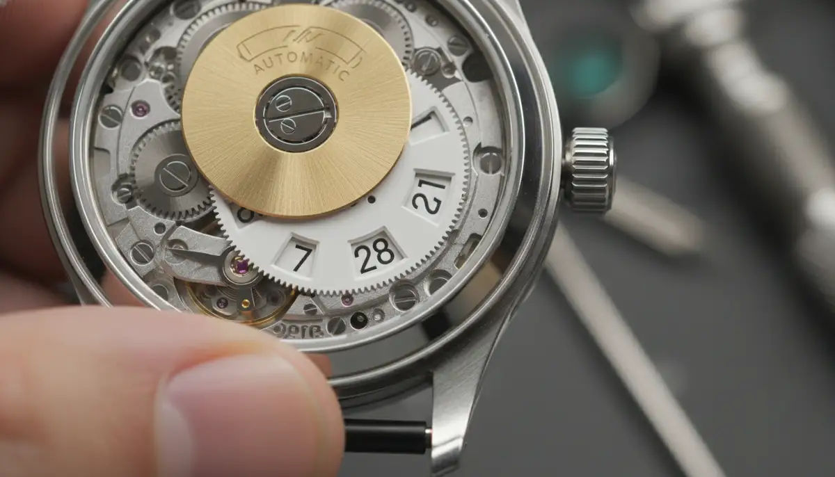 A detailed view of an automatic watch movement, highlighting the date wheel mechanism, with a hand gently adjusting the crown., high-quality photography, professional lighting, sharp focus, realistic, detailed