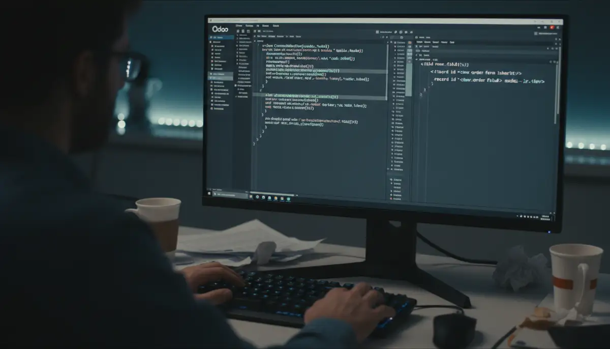 A developer coding Odoo custom modules on a screen, with lines of Python and XML, representing advanced customization and technical expertise.
