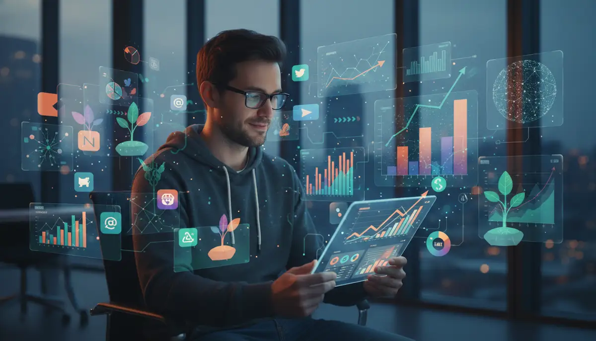A developer looking at analytics on a tablet, surrounded by floating data visualizations and app icons, representing organic growth., high-quality photography, professional lighting, sharp focus, realistic, detailed