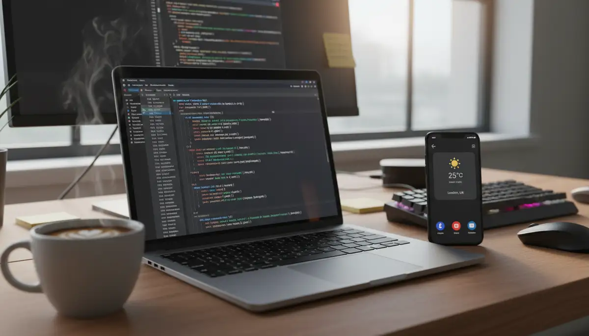 A developer's desk with a laptop showing code for an Android widget, a smartphone displaying the widget, and a cup of coffee., high-quality photography, professional lighting, sharp focus, realistic, detailed
