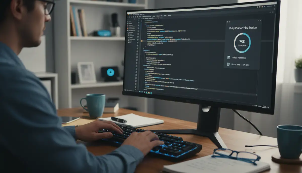 A developer's hands coding a new Windows widget app, with lines of code and a visual representation of a widget on a screen., high-quality photography, professional lighting, sharp focus, realistic, detailed