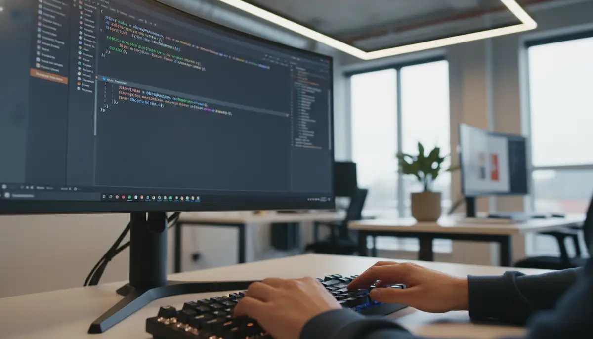A developer's hands on a keyboard, with a code editor open on a monitor showing Kotlin code for an Android slider widget, in a well-lit, contemporary office setting., high-quality photography, professional lighting, sharp focus, realistic, detailed