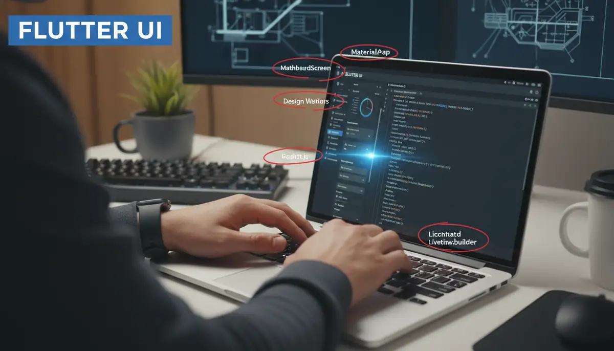 A developer's hands working on a laptop, displaying Flutter code for a complex UI, with various Flutter design widgets highlighted on the screen., high-quality photography, professional lighting, sharp focus, realistic, detailed