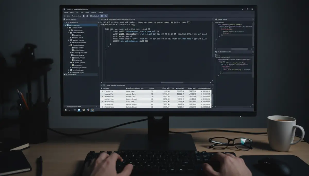 A developer's screen displaying a PostgreSQL client (like DBeaver) connected to an Odoo database, showing a complex SQL query and its results, with code snippets visible.
