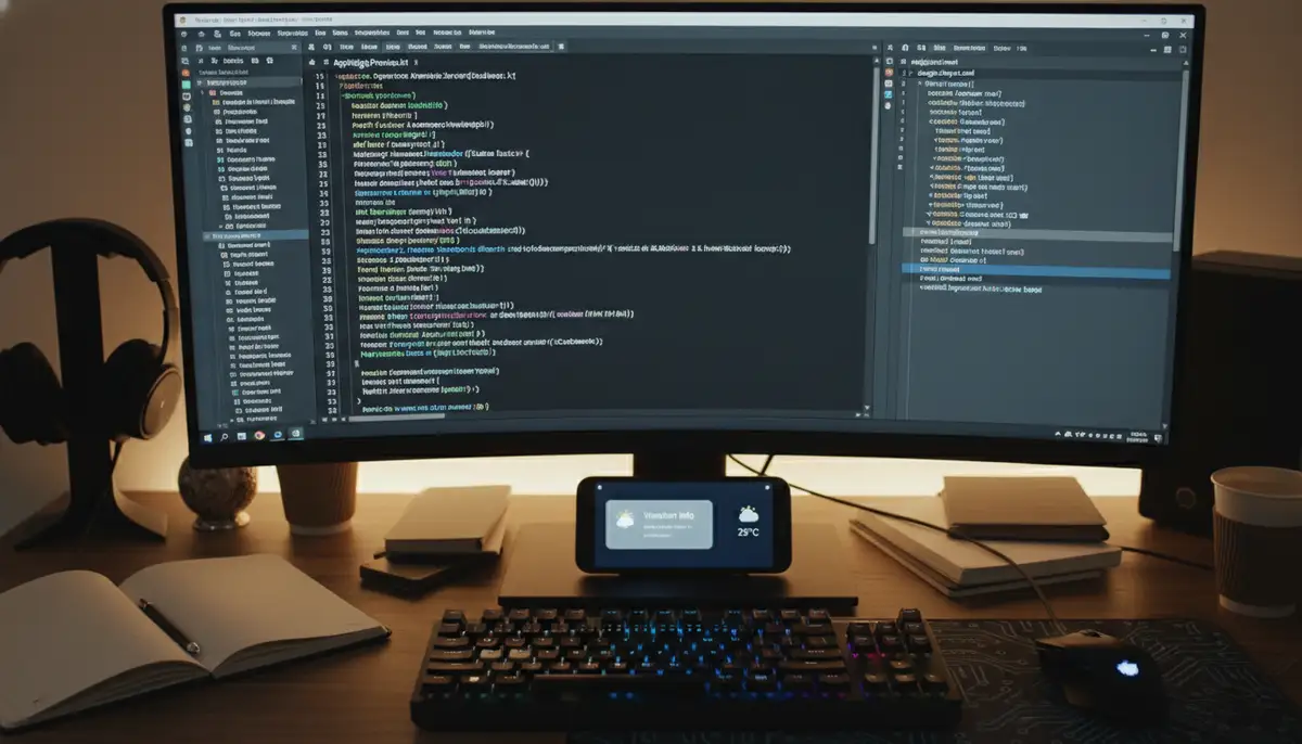 A developer's workspace with code snippets related to AppWidgetProvider and XML layouts for an Android widget, alongside a smartphone displaying the coded custom widget., high-quality photography, professional lighting, sharp focus, realistic, detailed