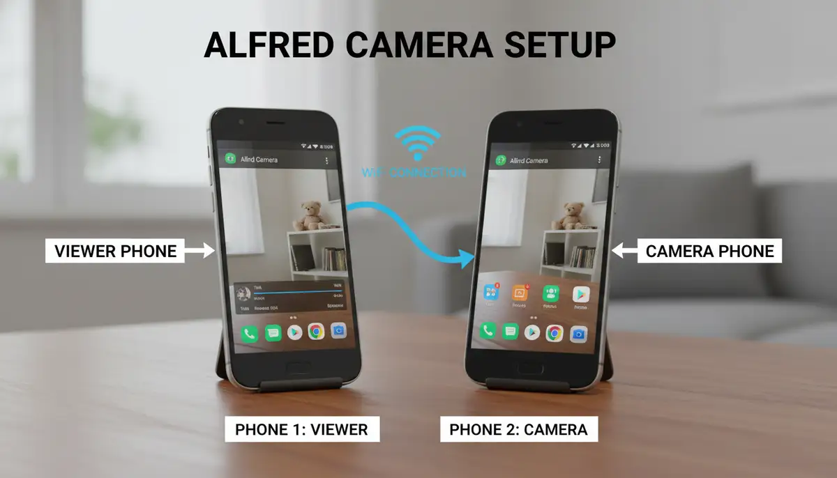 A diagram illustrating the setup of Alfred Camera using two Android phones, one as viewer and one as camera, connected via Wi-Fi., high-quality photography, professional lighting, sharp focus, realistic, detailed