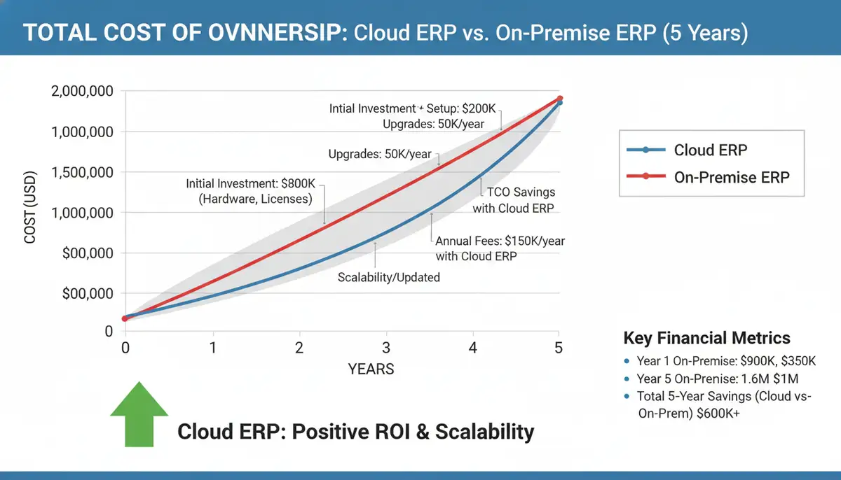 A diagram illustrating the Total Cost of Ownership (TCO) of cloud ERP versus on-premise ERP, with clear financial metrics and a positive growth curve for cloud solutions.