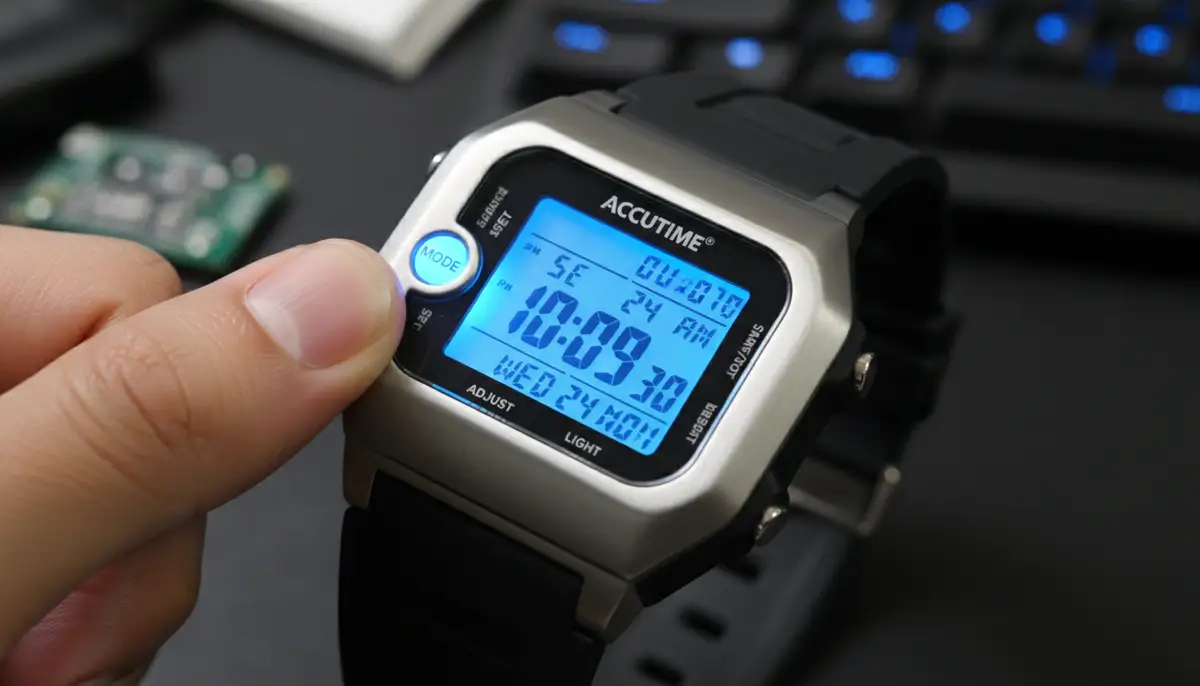 A digital Accutime watch displaying the time and date, with a finger pressing a 'Mode' button, illustrating the setting process., high-quality photography, professional lighting, sharp focus, realistic, detailed