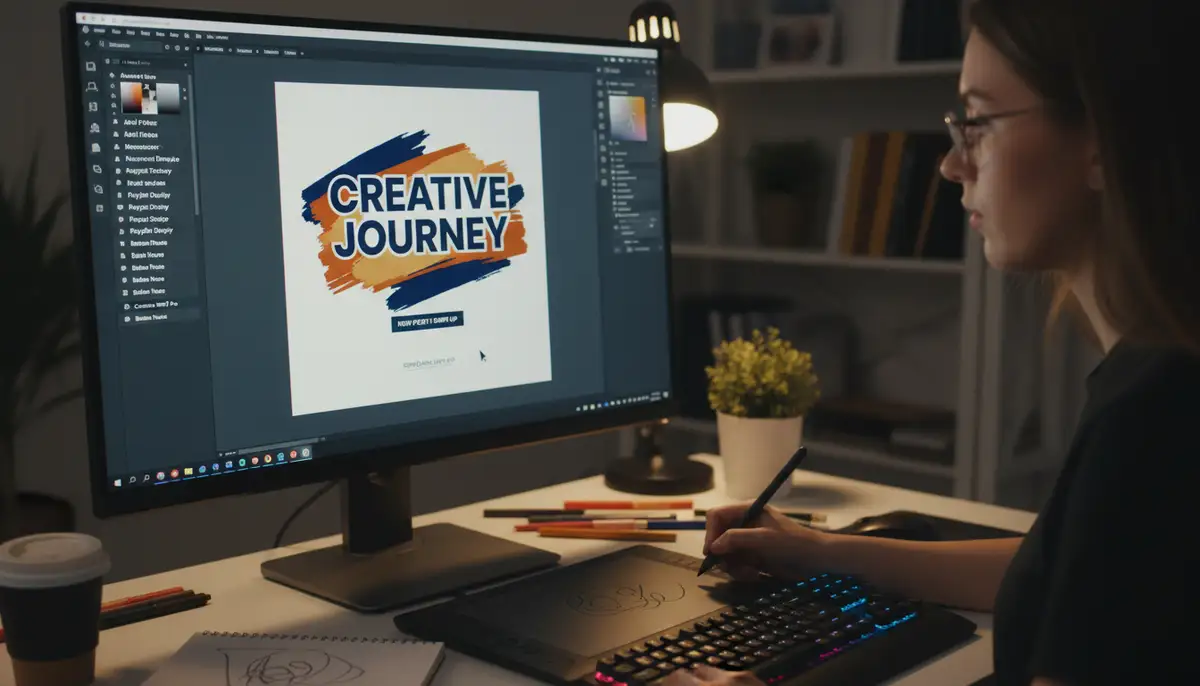 A digital artist designing an Instagram story in a graphic design app, incorporating custom typography and brand elements, with various font options visible., high-quality photography, professional lighting, sharp focus, realistic, detailed