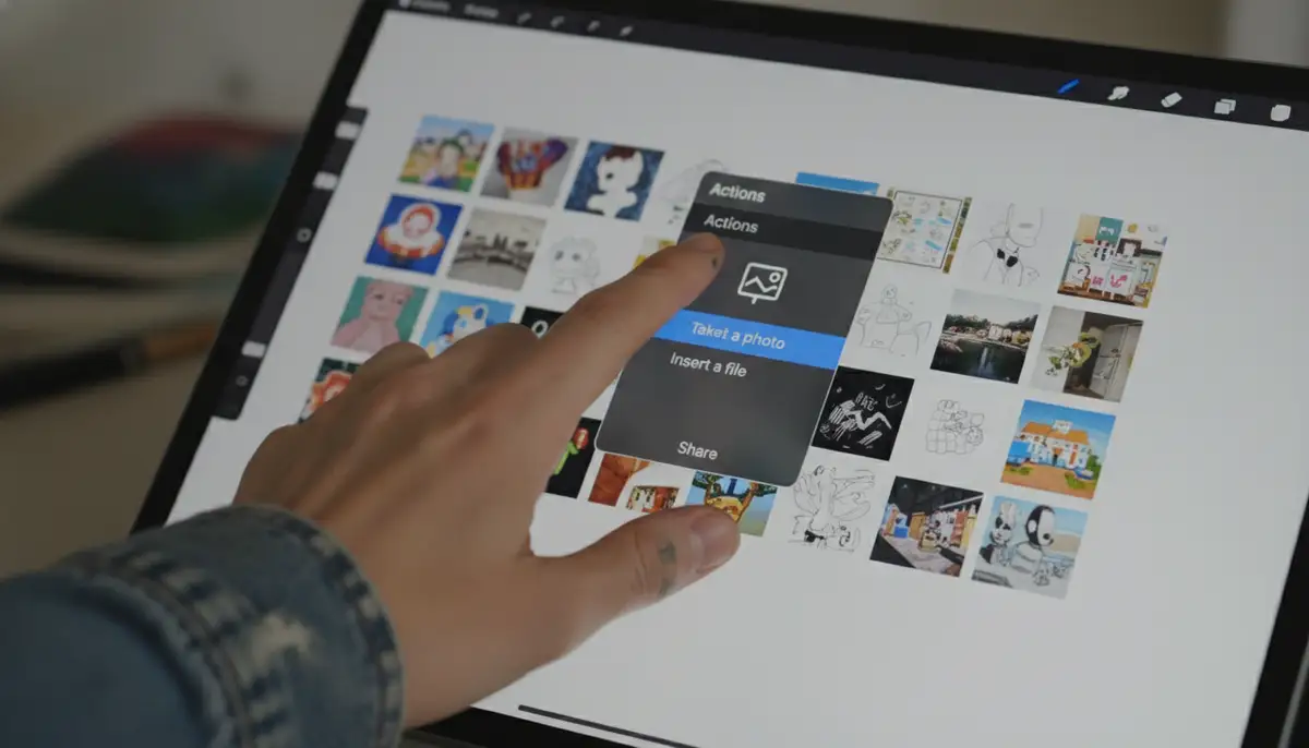 A digital artist's hand tapping the 'Insert a photo' option in the Procreate Actions menu on an iPad, with a gallery of images visible in the background., high-quality photography, professional lighting, sharp focus, realistic, detailed