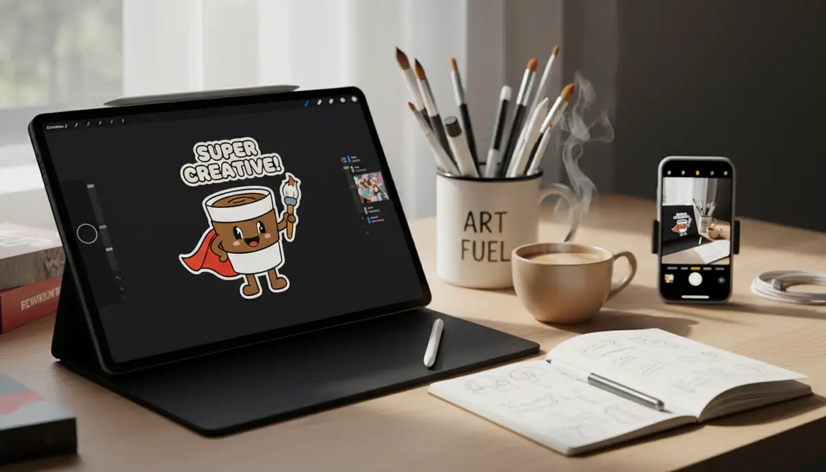 A digital artist's workspace with a tablet displaying a sticker design in Procreate, surrounded by pens and a coffee cup, ready for Instagram., high-quality photography, professional lighting, sharp focus, realistic, detailed