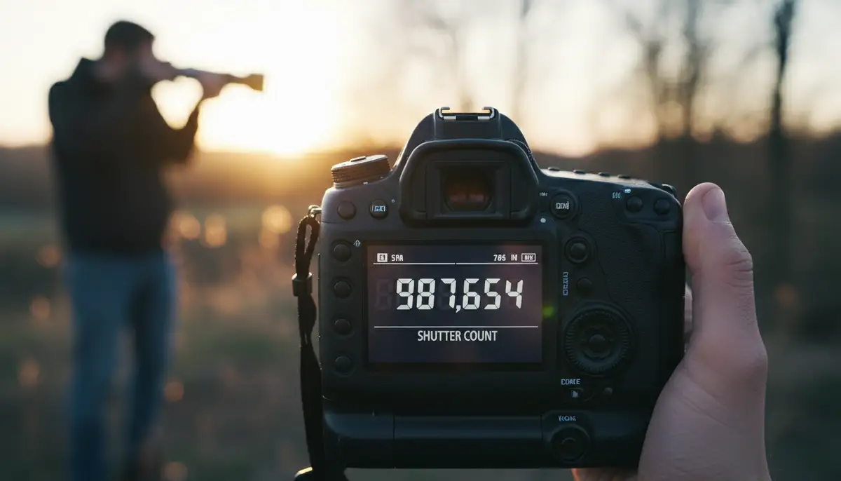 A digital camera displaying a high shutter count on its LCD screen, with a blurred background of a photographer taking photos., high-quality photography, professional lighting, sharp focus, realistic, detailed