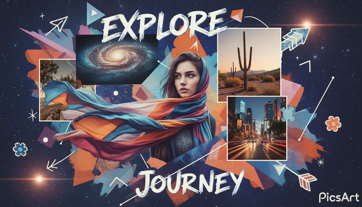 A digital collage created in PicsArt, showcasing various elements (photos, text, stickers) seamlessly blended together using layering techniques. Dynamic composition., high-quality photography, professional lighting, sharp focus, realistic, detailed