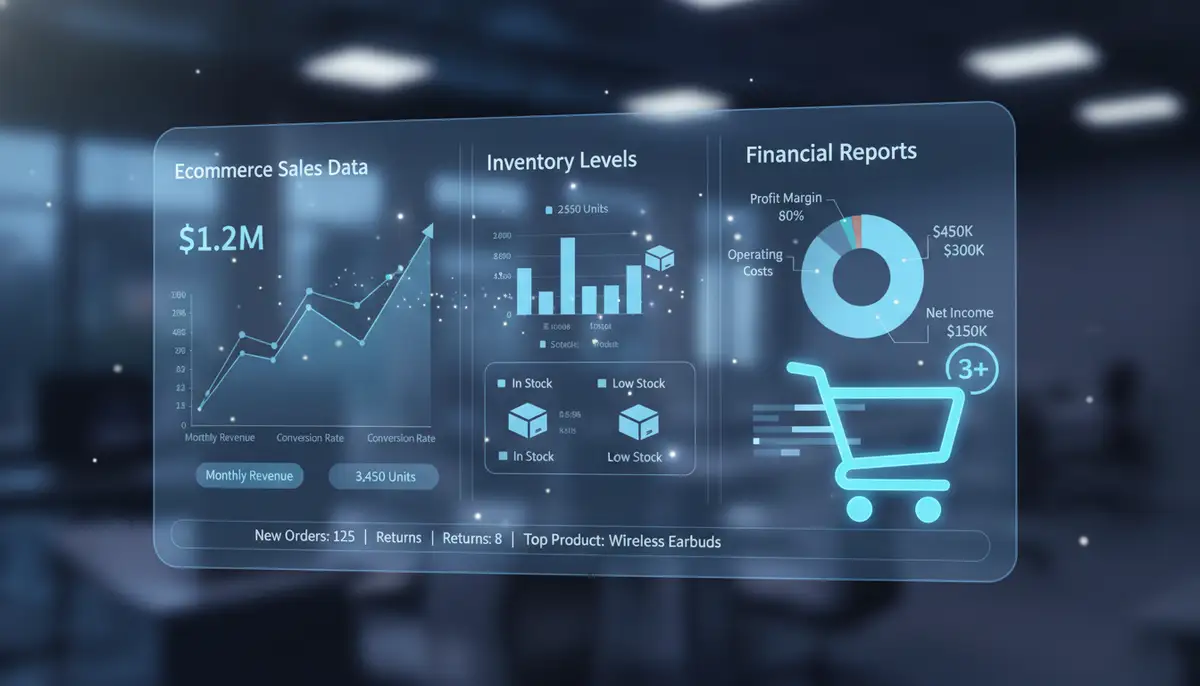 A digital dashboard displaying ecommerce sales data, inventory levels, and financial reports, with a shopping cart icon in the foreground.
