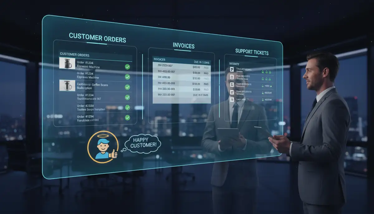 A digital dashboard showing customer orders, invoices, and support tickets, with a happy customer icon and a business person looking at a tablet.