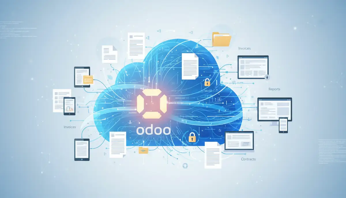 A digital illustration of documents flowing seamlessly through a cloud-based system, organized and accessible, with Odoo branding subtly integrated.