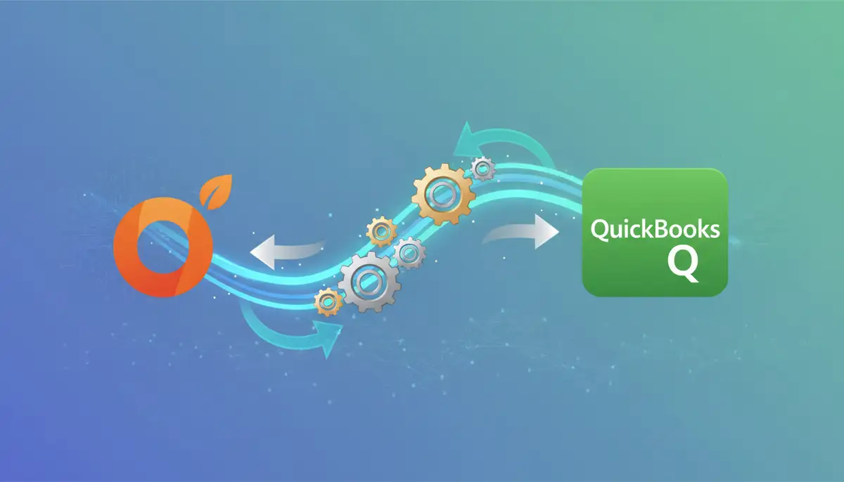 A digital illustration showing Odoo and QuickBooks logos connected by a seamless data flow, with gears and arrows indicating smooth integration.