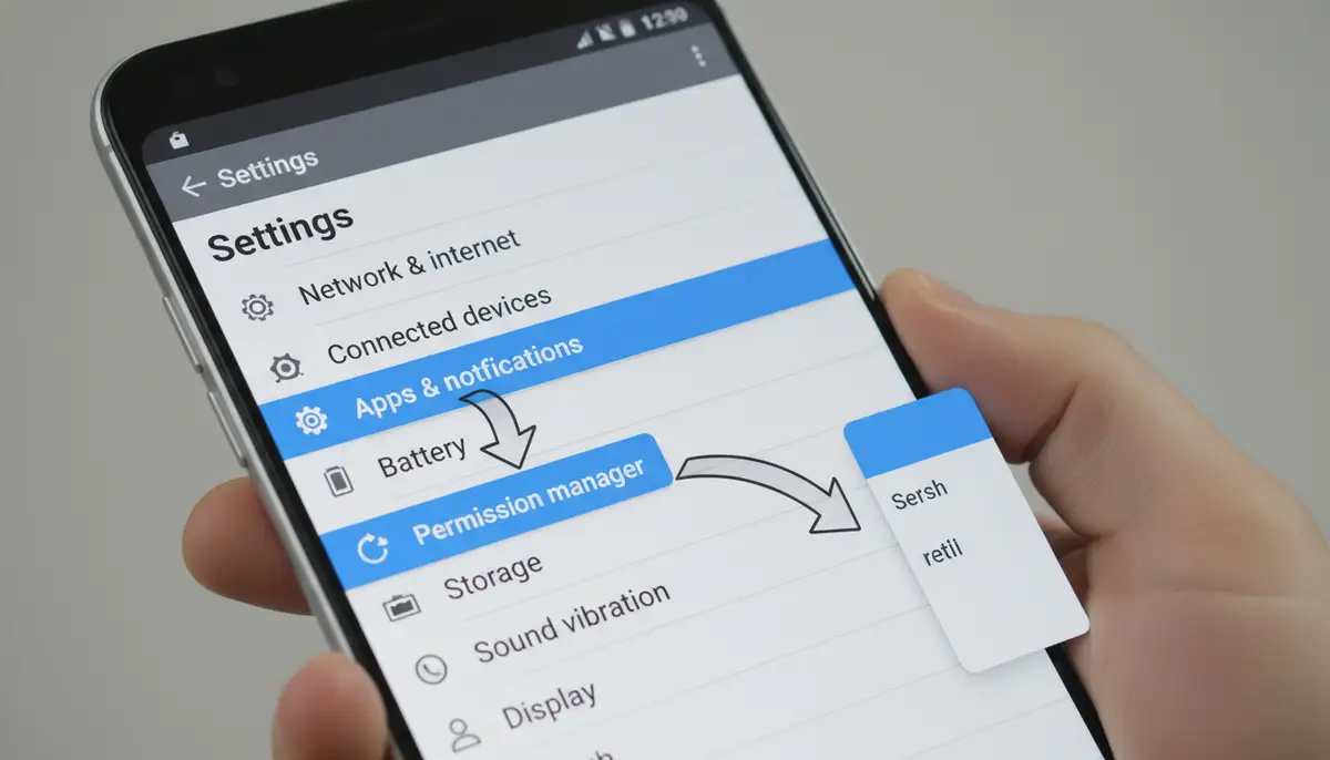 A digital illustration showing the Android 'Settings' menu, with 'Apps & notifications' and 'Permission manager' highlighted, demonstrating navigation., high-quality photography, professional lighting, sharp focus, realistic, detailed