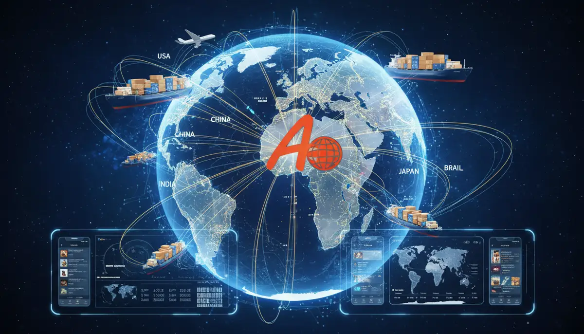 A digital illustration showing the interconnectedness of global trade, with data flowing between different countries, representing the Alibaba app's role in international business., high-quality photography, professional lighting, sharp focus, realistic, detailed