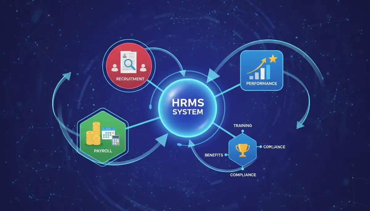 A digital illustration showing various HR functions (payroll, recruitment, performance) seamlessly connected by a central HRMS system, with data flowing smoothly.