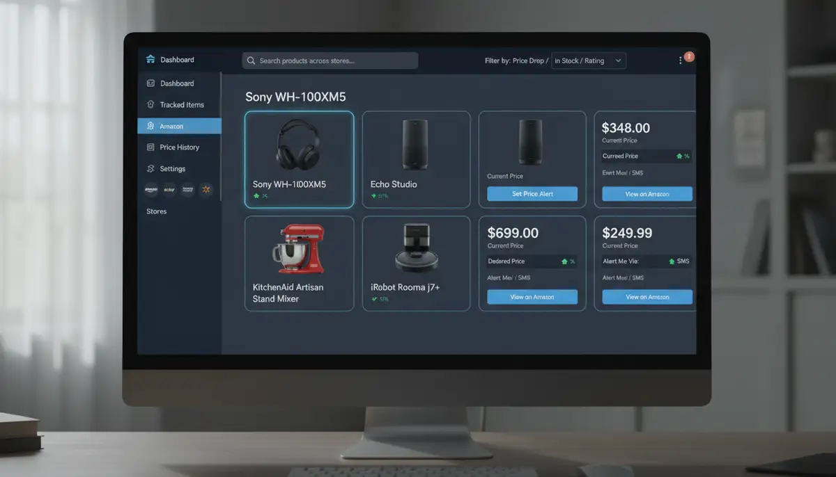 A digital interface displaying multiple Amazon product listings with their current prices and options to set price alerts, demonstrating multi-store tracking., high-quality photography, professional lighting, sharp focus, realistic, detailed