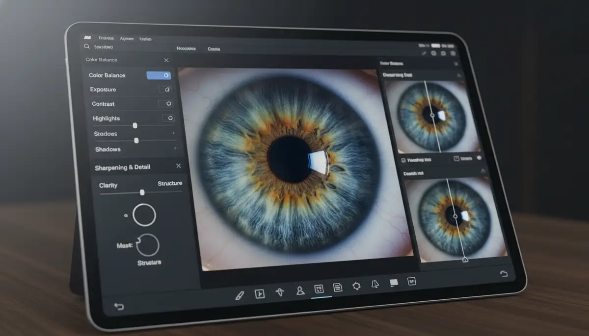 A digital interface showing a photo editing application with an eye photo being enhanced, highlighting color correction, sharpening, and detail adjustments., high-quality photography, professional lighting, sharp focus, realistic, detailed