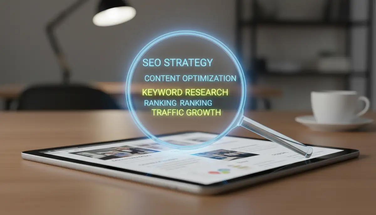 A digital magnifying glass highlighting keywords on a web page, illustrating SEO and content optimization., high-quality photography, professional lighting, sharp focus, realistic, detailed