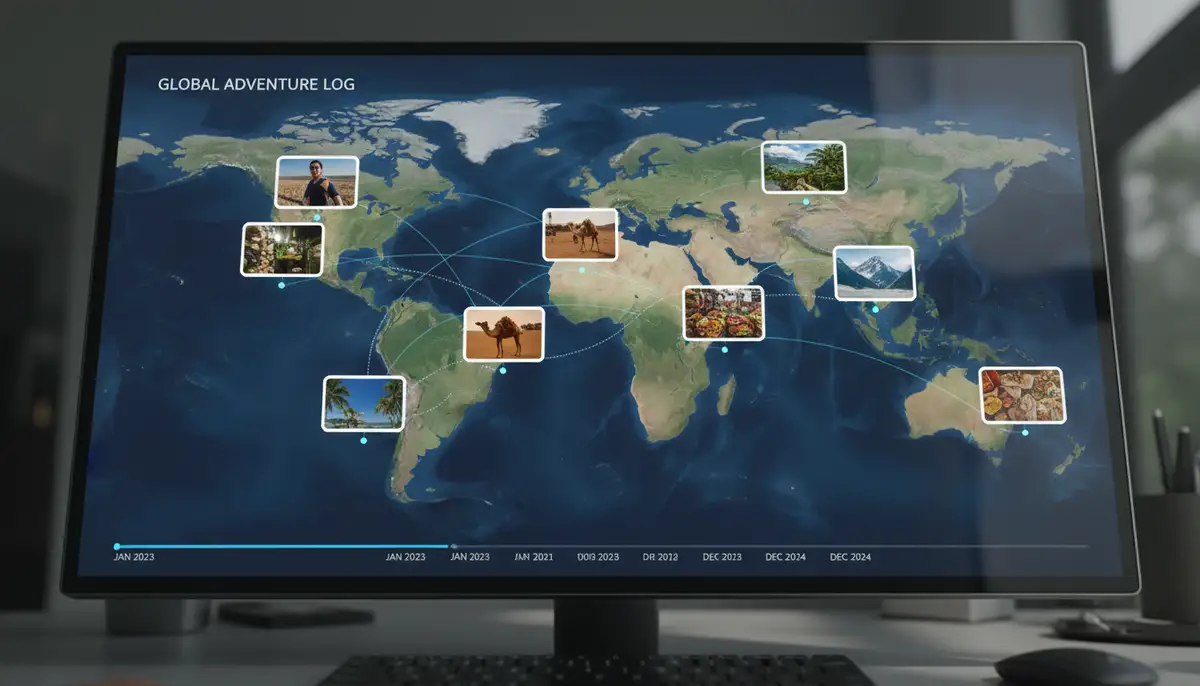A digital map showing geotagged travel photos from different locations, overlaid with small photo thumbnails, illustrating a journey., high-quality photography, professional lighting, sharp focus, realistic, detailed